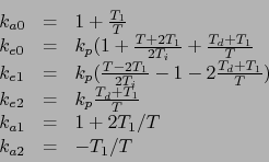 \begin{displaymath}
\begin{array}[t]{lll}
k_{a0} &=& 1 + \frac{T_1}{T} \\
k_...
...T_1/T \nonumber \\
k_{a2} &=& -T_1/T \nonumber
\end{array}
\end{displaymath}
